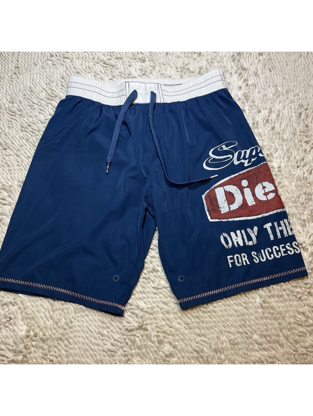 Y2K Diesel Beachwear Mens Navy Logo Swim Trunks Shorts M (Fit S) Elastic Waist